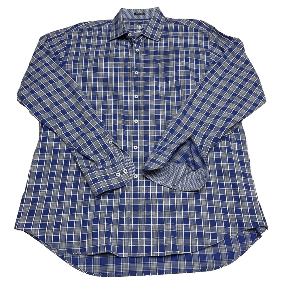 Bugatchi Long Sleeve Mens Size 2XL Classic Fit Blue Plaid Cotton Flip Cuffs